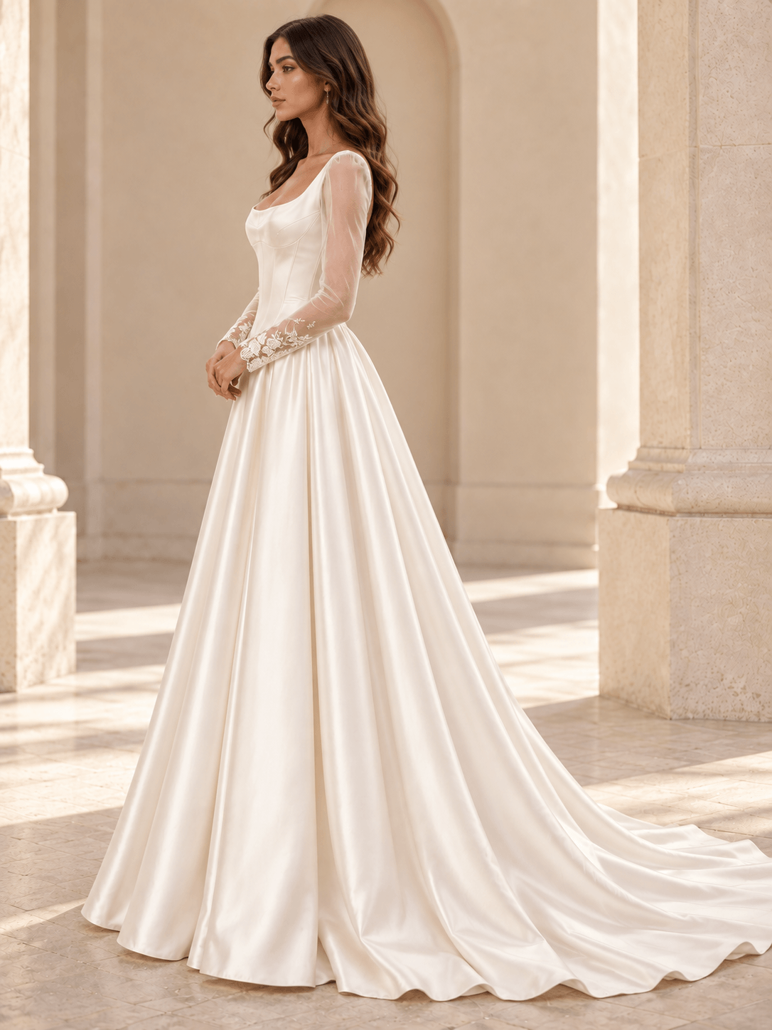 White Square Neck Long Sleeve Sheer Lace Satin Wedding Dress