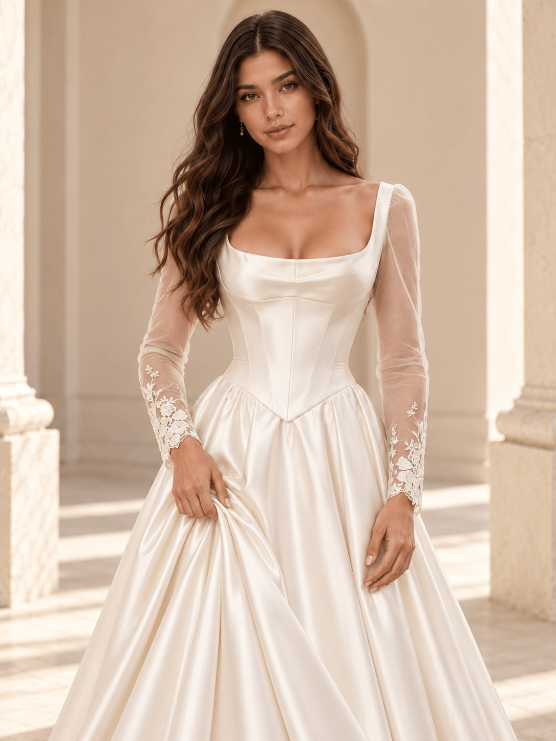 White Square Neck Long Sleeve Sheer Lace Satin Wedding Dress