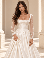 White Square Neck Long Sleeve Sheer Lace Satin Wedding Dress