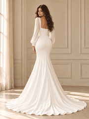 White Square Neck Pearl Beaded Long Sleeve Mermaid Wedding Dress