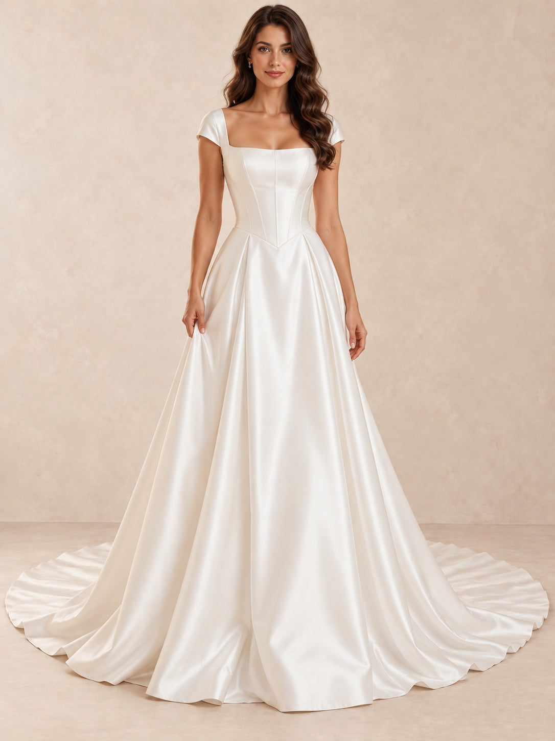 White Square Neck Satin A-Line Wedding Dress with Cap Sleeves
