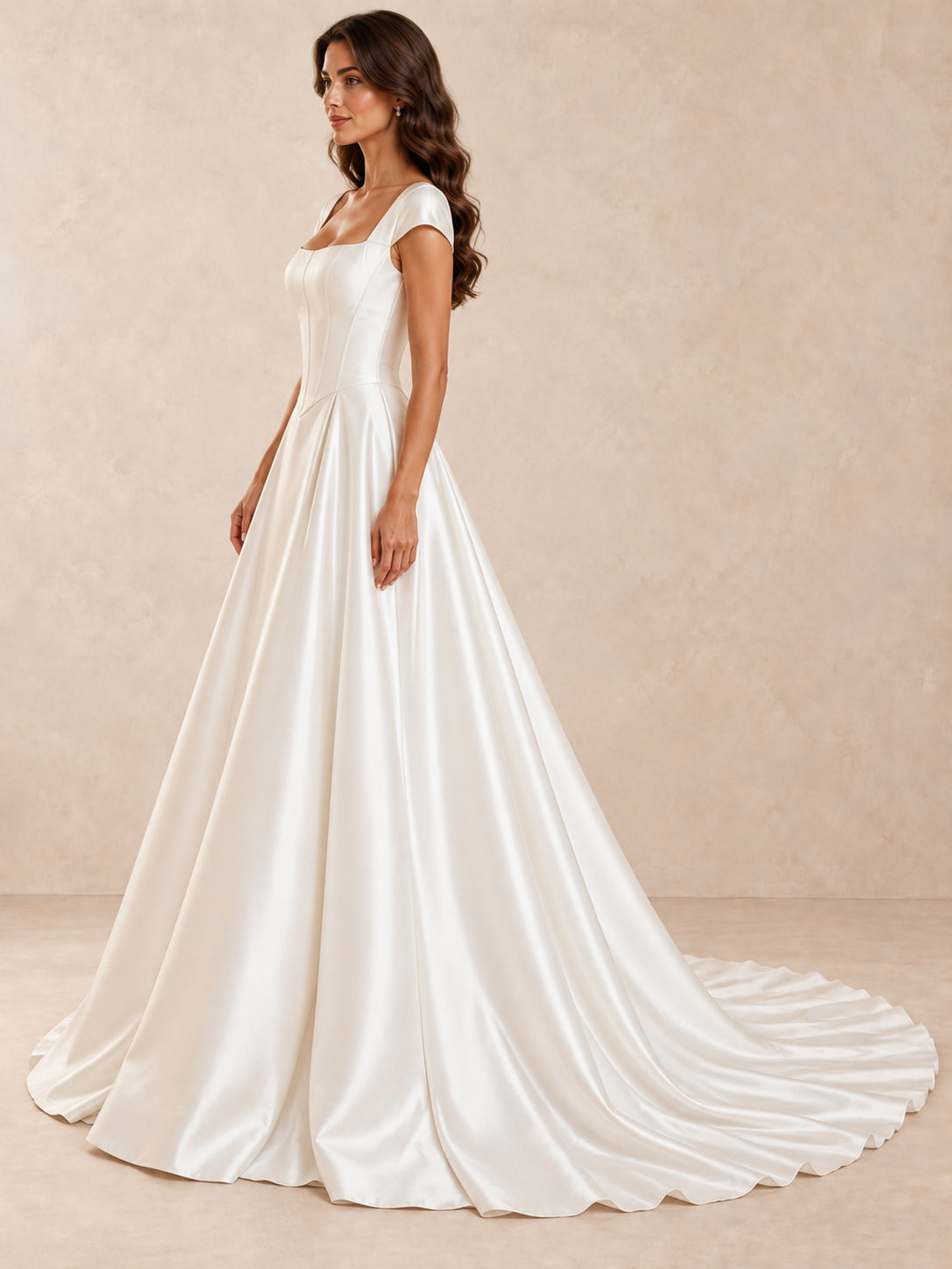 White Square Neck Satin A-Line Wedding Dress with Cap Sleeves