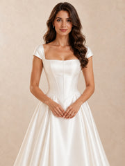 White Square Neck Satin A-Line Wedding Dress with Cap Sleeves