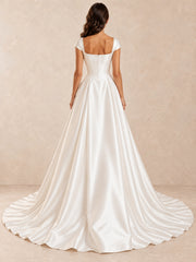 White Square Neck Satin A-Line Wedding Dress with Cap Sleeves