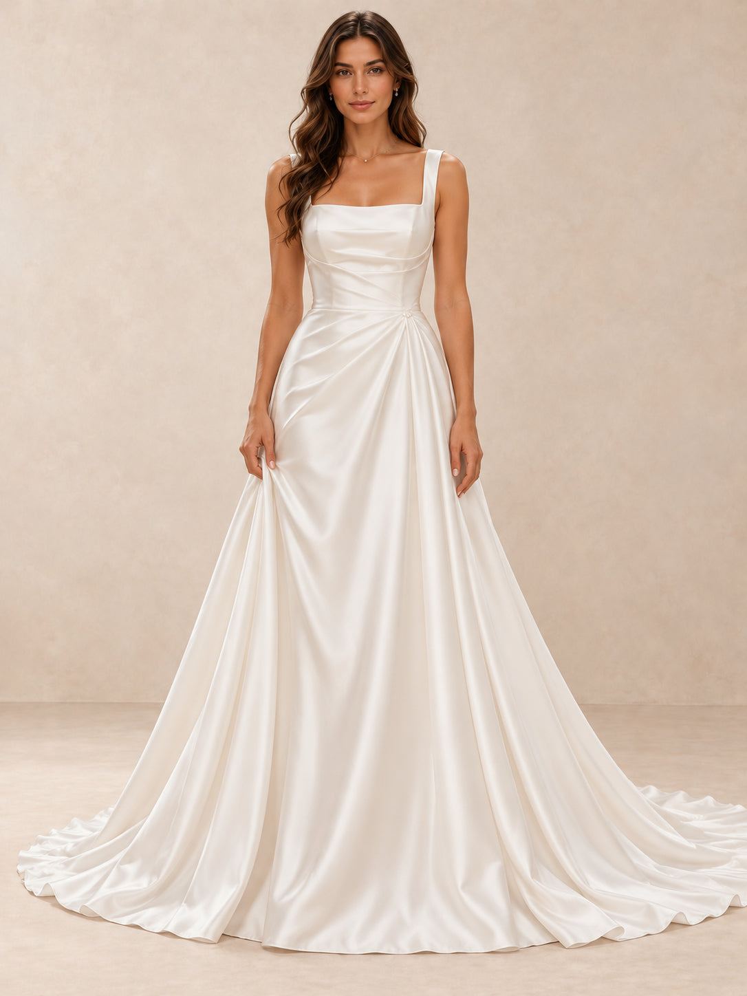 White Square Neck Satin A-Line Wedding Dress with Chapel Train