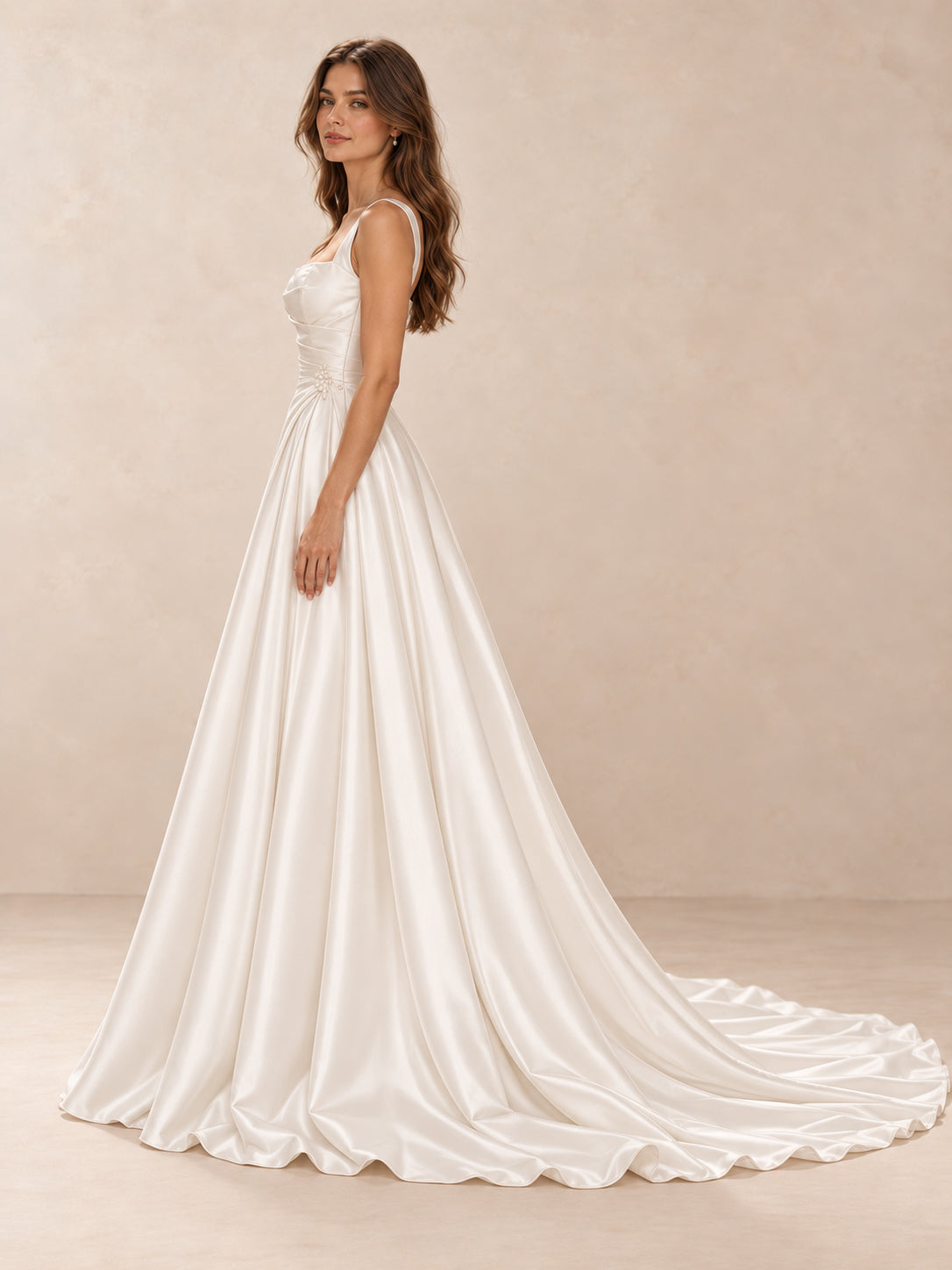 White Square Neck Satin A-Line Wedding Dress with Chapel Train