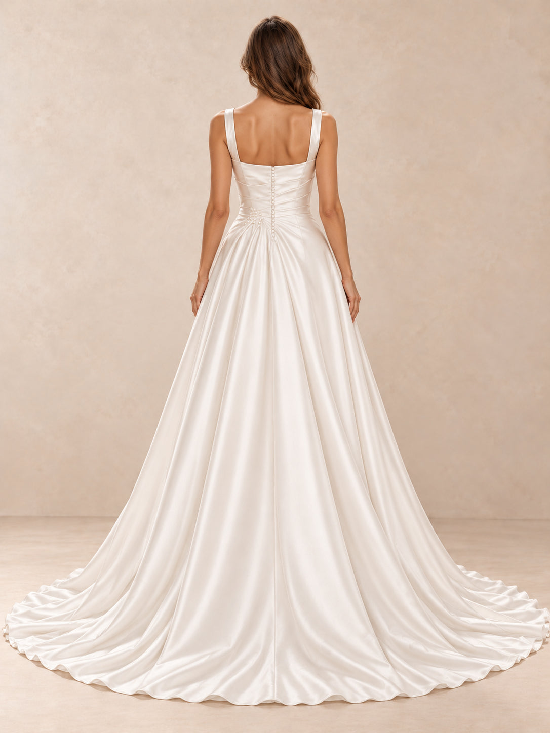 White Square Neck Satin A-Line Wedding Dress with Chapel Train
