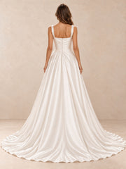 White Square Neck Satin A-Line Wedding Dress with Chapel Train