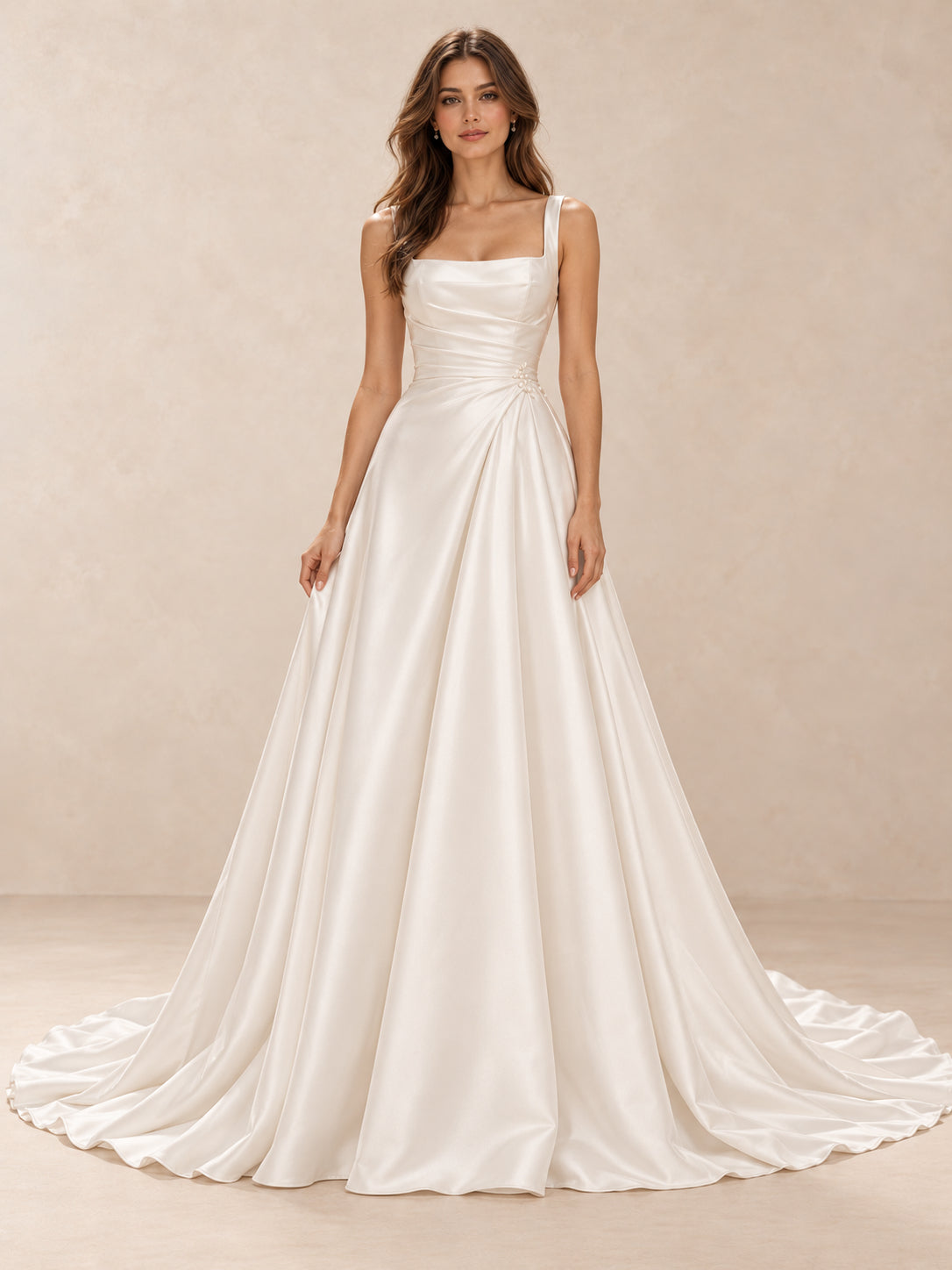 White Square Neck Satin A-Line Wedding Dress with Chapel Train