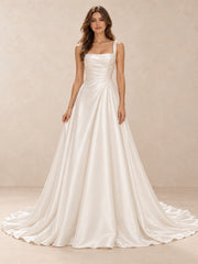 White Square Neck Satin A-Line Wedding Dress with Chapel Train