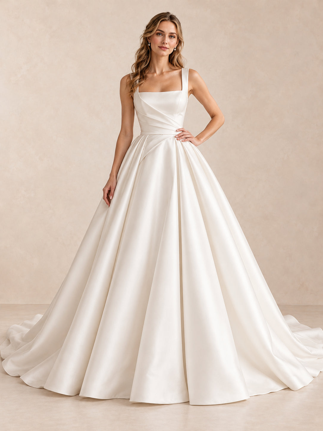 White Square Neck Satin A-Line Wedding Dress with Draped Bodice