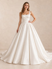 White Square Neck Satin A-Line Wedding Dress with Draped Bodice