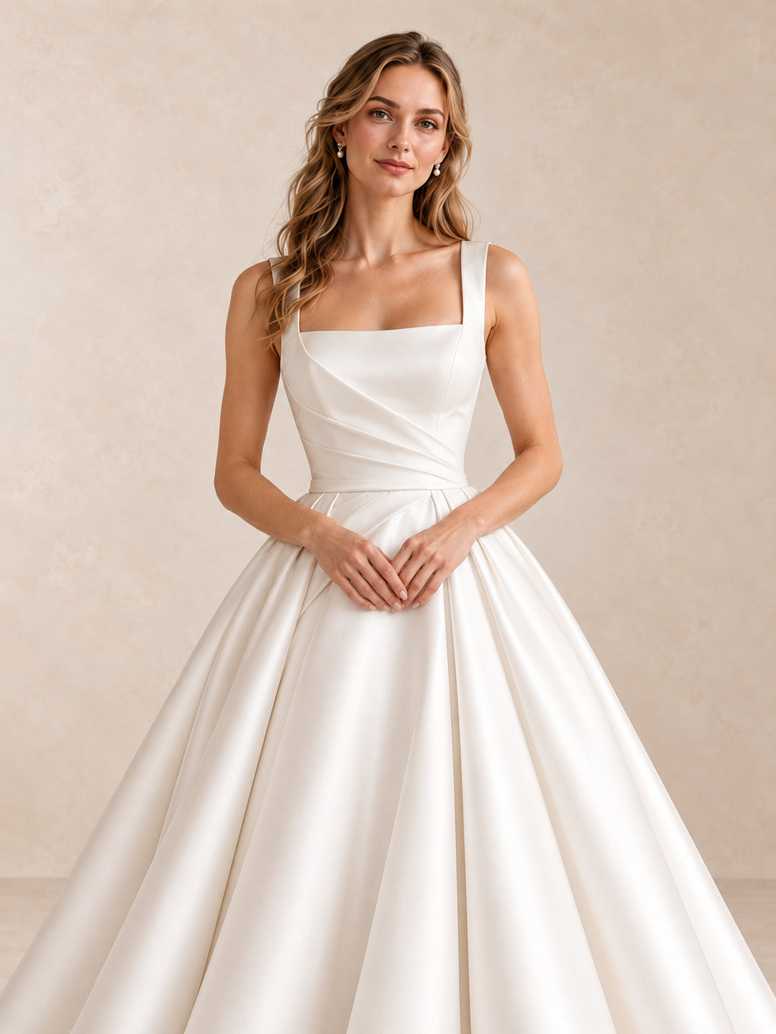 White Square Neck Satin A-Line Wedding Dress with Draped Bodice