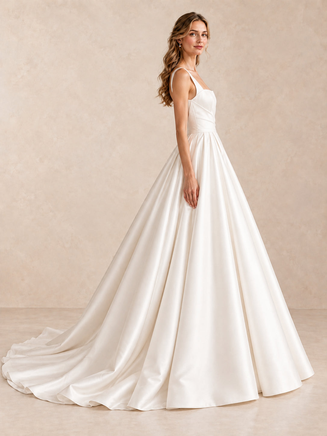 White Square Neck Satin A-Line Wedding Dress with Draped Bodice