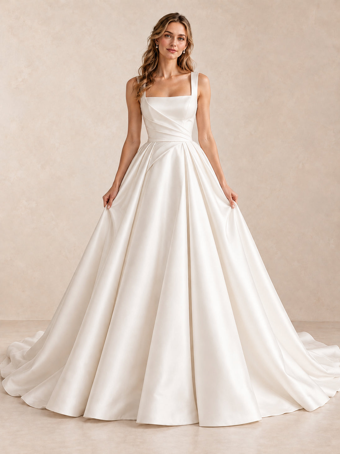 White Square Neck Satin A-Line Wedding Dress with Draped Bodice