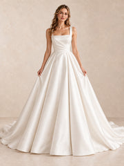 White Square Neck Satin A-Line Wedding Dress with Draped Bodice