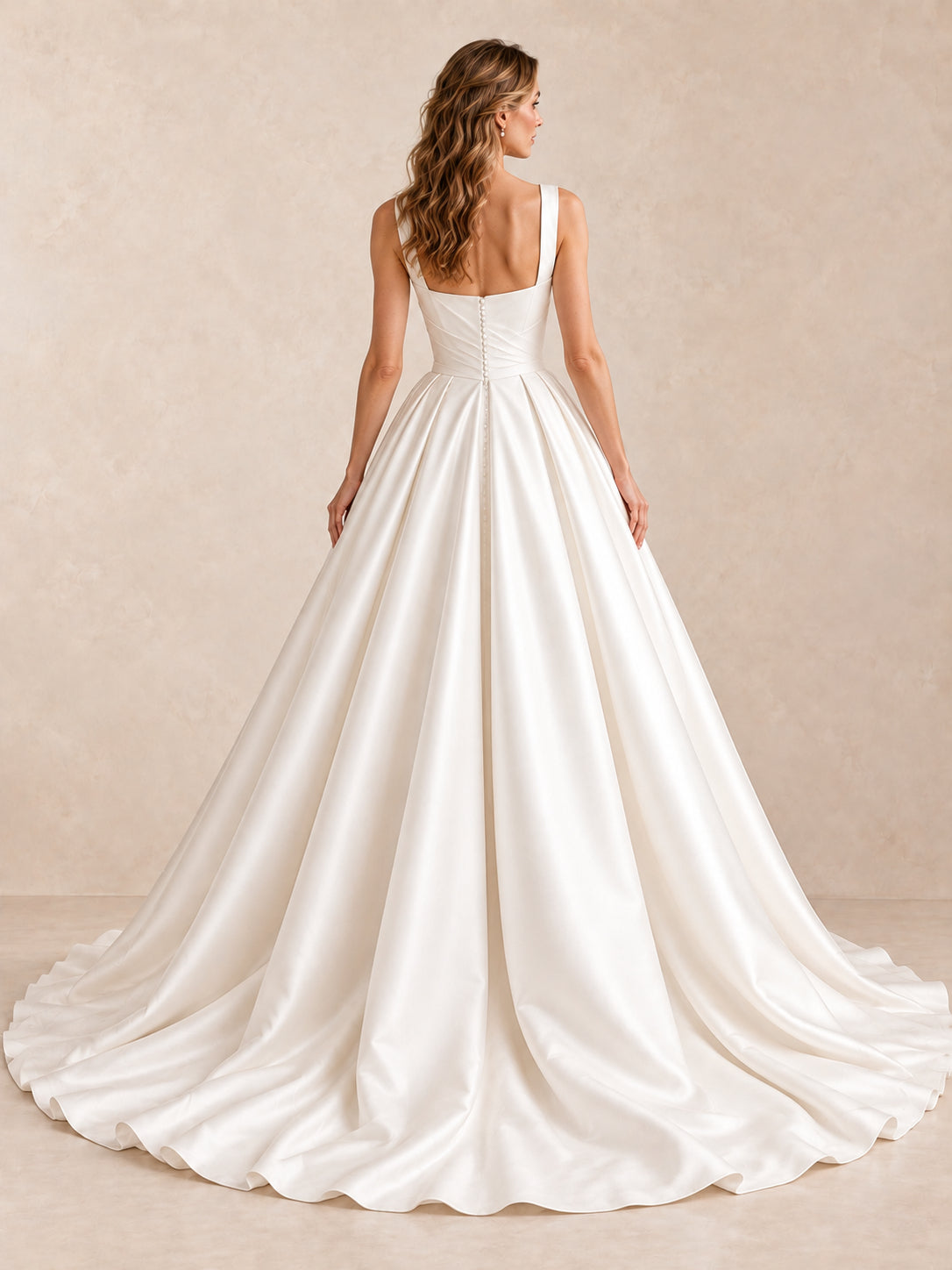 White Square Neck Satin A-Line Wedding Dress with Draped Bodice