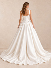 White Square Neck Satin A-Line Wedding Dress with Draped Bodice
