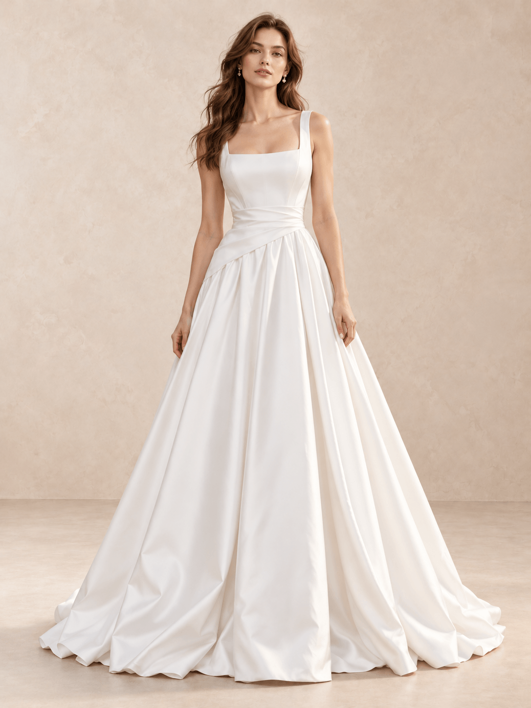 White Square Neck Satin A-Line Wedding Dress with Draped Pleated Waist