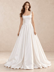 White Square Neck Satin A-Line Wedding Dress with Draped Pleated Waist