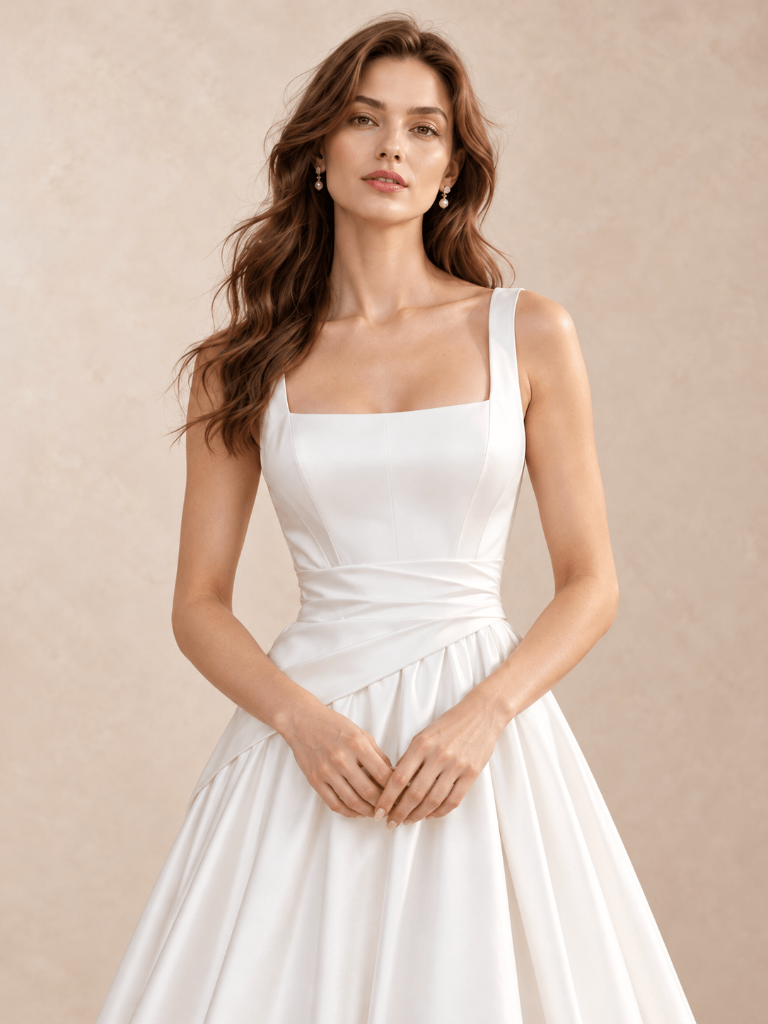 White Square Neck Satin A-Line Wedding Dress with Draped Pleated Waist