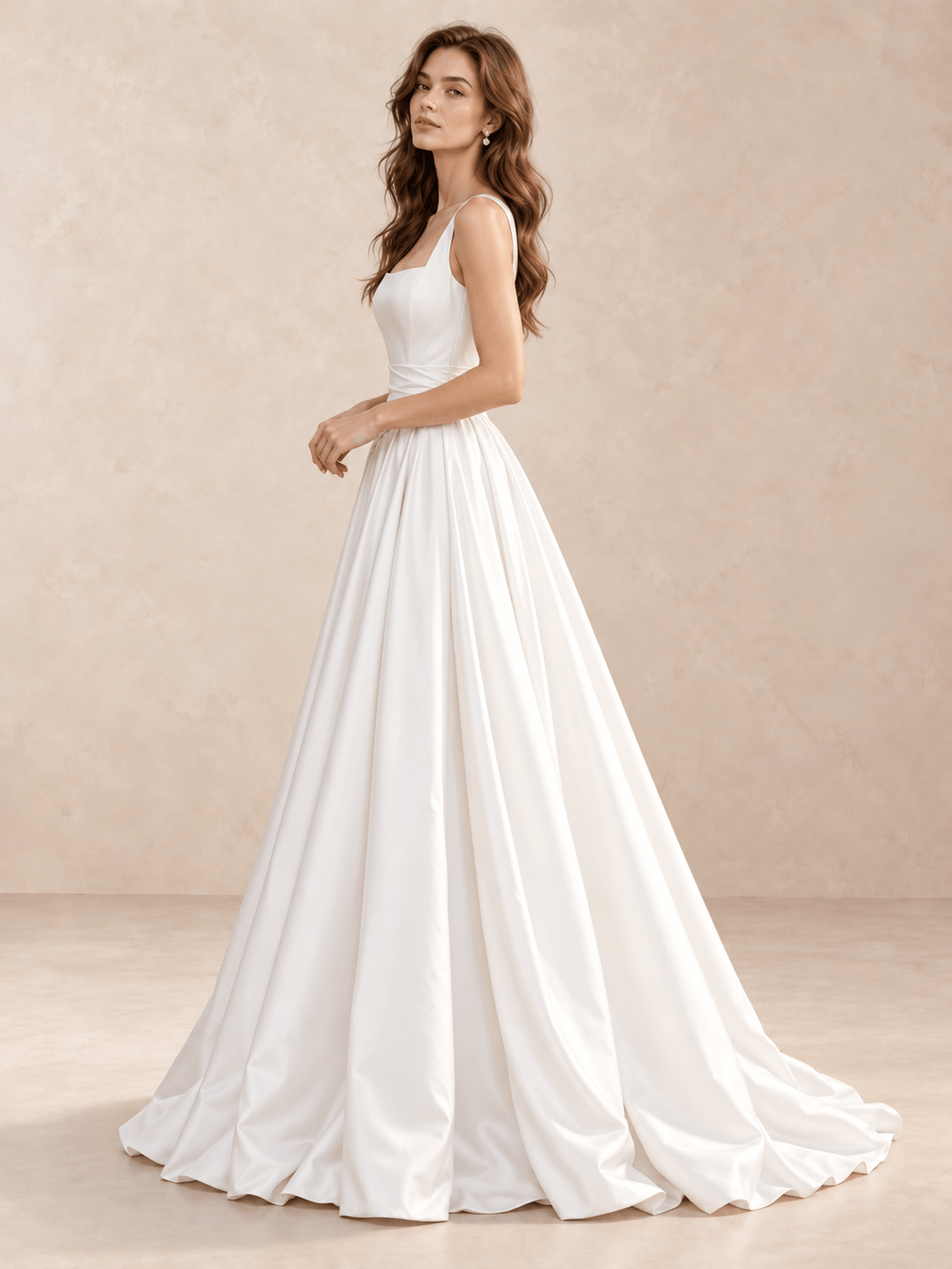 White Square Neck Satin A-Line Wedding Dress with Draped Pleated Waist