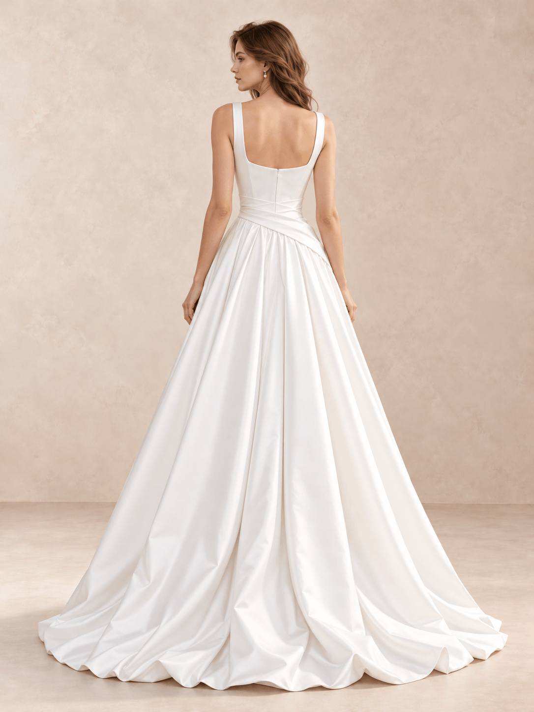 White Square Neck Satin A-Line Wedding Dress with Draped Pleated Waist