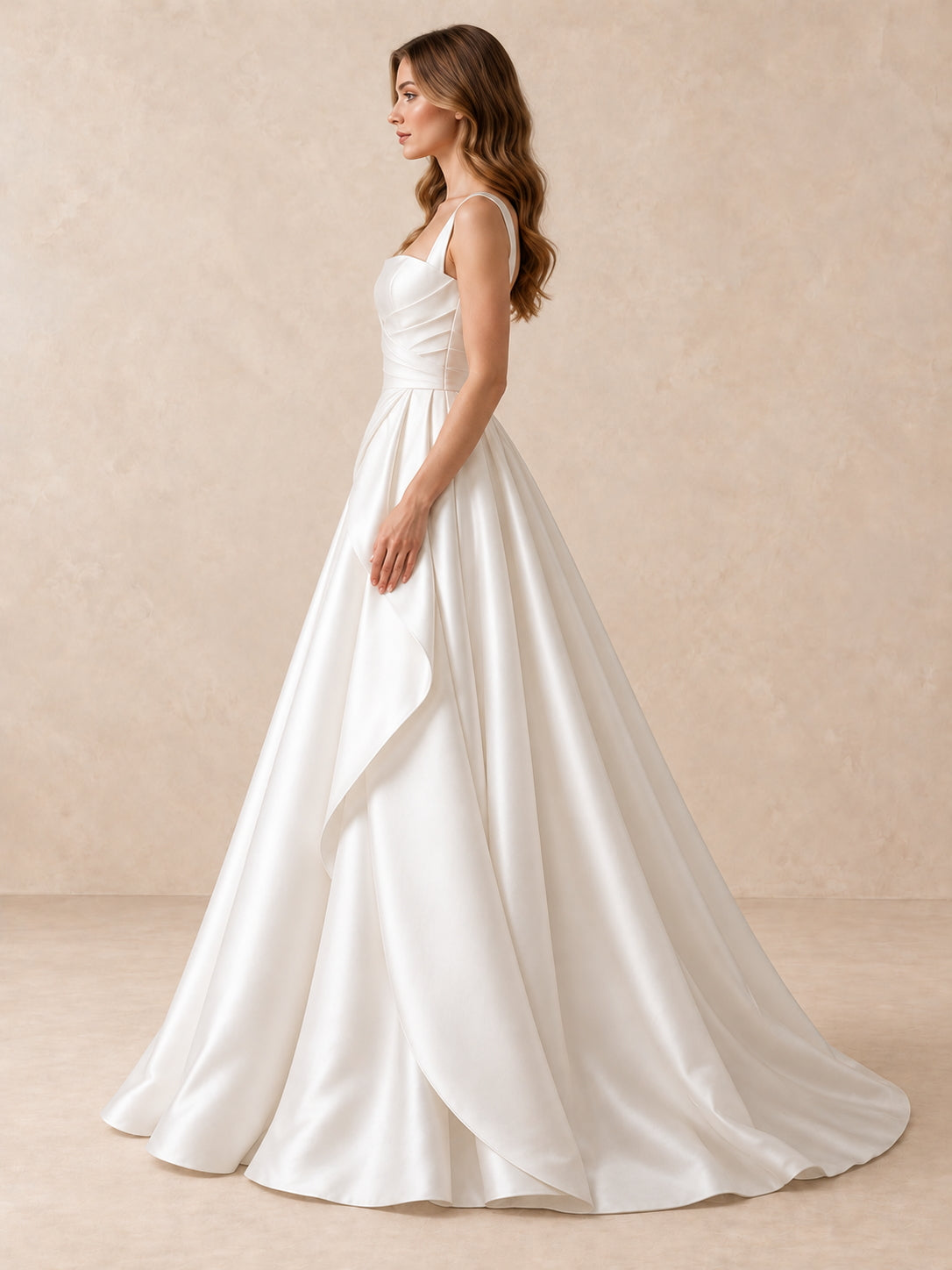 White Square Neck Satin A-Line Wedding Dress with Draped Waist