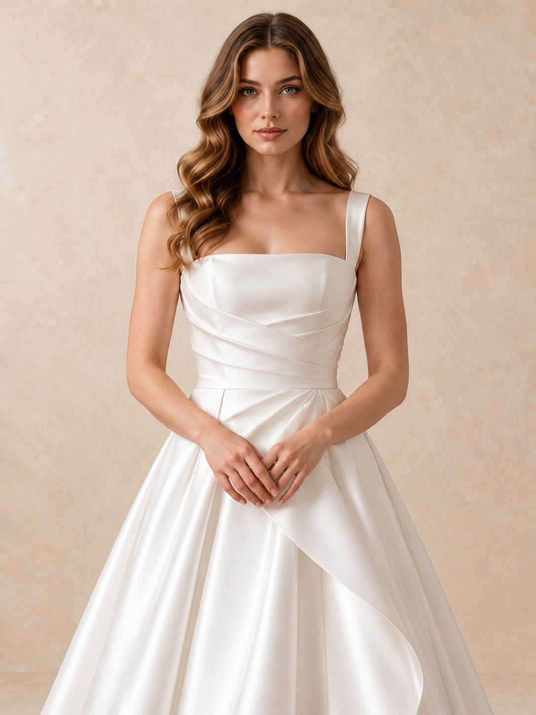 White Square Neck Satin A-Line Wedding Dress with Draped Waist