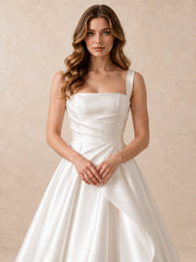 White Square Neck Satin A-Line Wedding Dress with Draped Waist