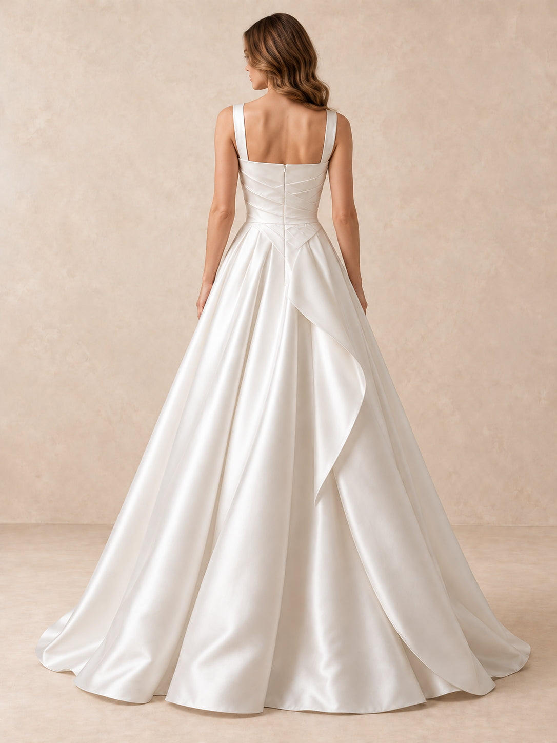 White Square Neck Satin A-Line Wedding Dress with Draped Waist