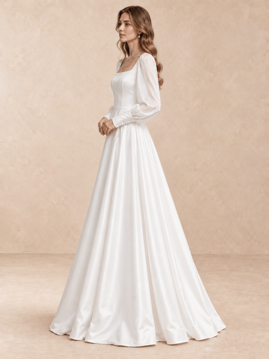 White Square Neck Satin A-Line Wedding Dress with Sheer Puff Sleeves