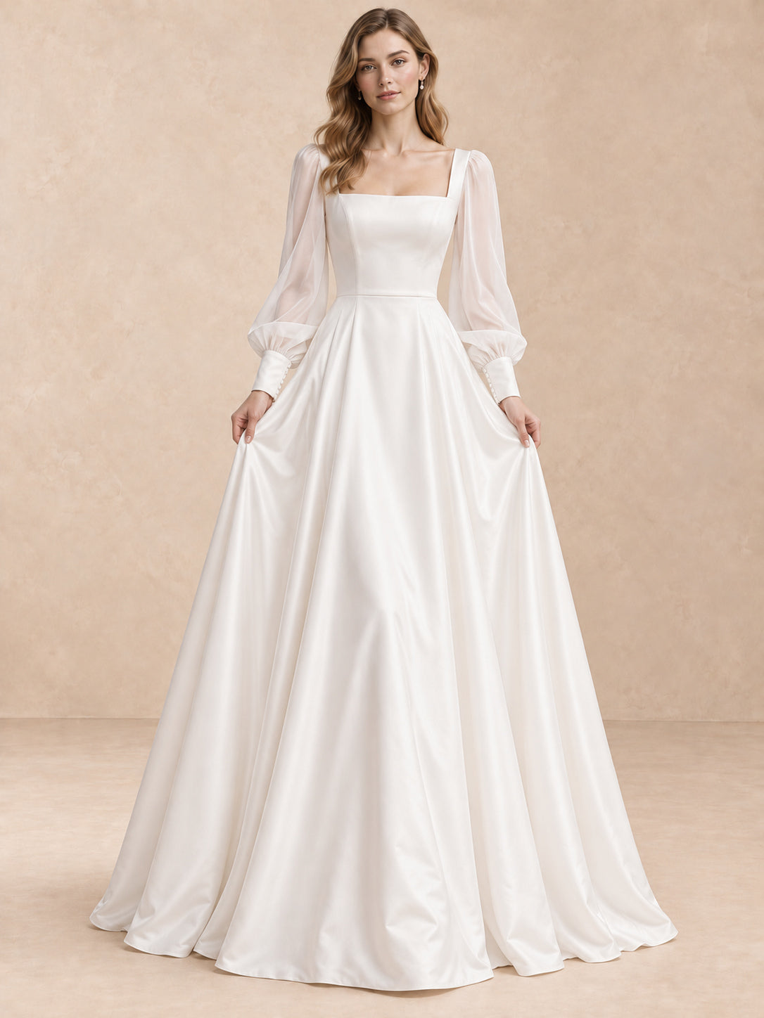 White Square Neck Satin A-Line Wedding Dress with Sheer Puff Sleeves