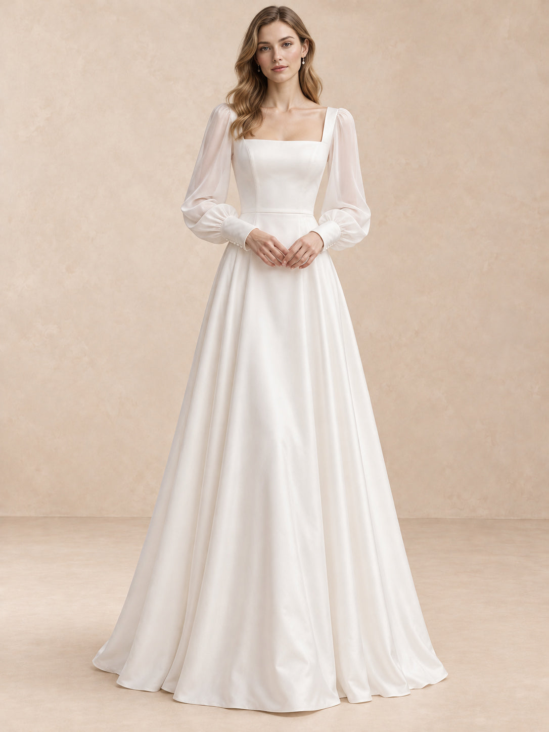 White Square Neck Satin A-Line Wedding Dress with Sheer Puff Sleeves