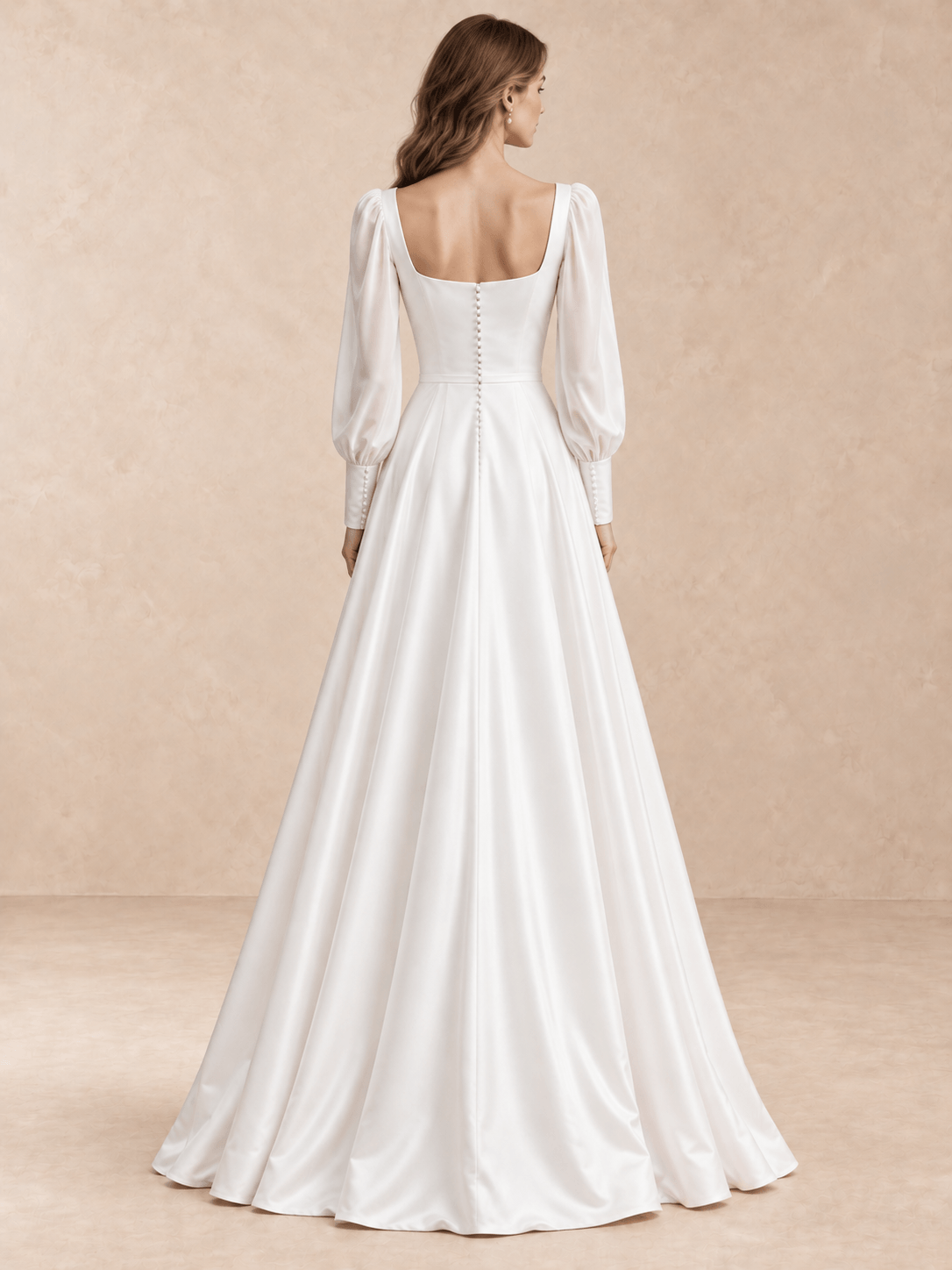 White Square Neck Satin A-Line Wedding Dress with Sheer Puff Sleeves