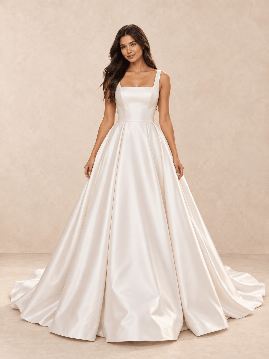 White Square Neck Satin Ball Gown Wedding Dress with Sweep Train