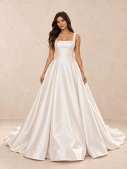 White Square Neck Satin Ball Gown Wedding Dress with Sweep Train