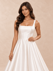 White Square Neck Satin Ball Gown Wedding Dress with Sweep Train