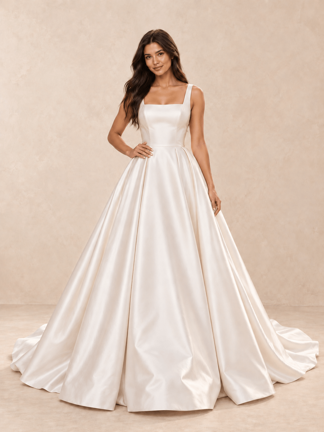 White Square Neck Satin Ball Gown Wedding Dress with Sweep Train