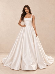 White Square Neck Satin Ball Gown Wedding Dress with Sweep Train
