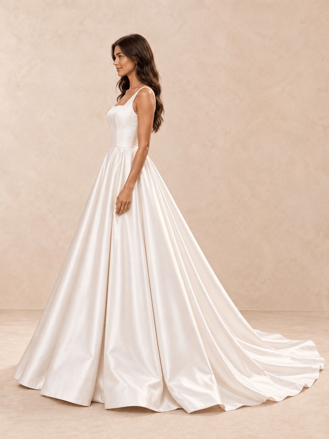 White Square Neck Satin Ball Gown Wedding Dress with Sweep Train