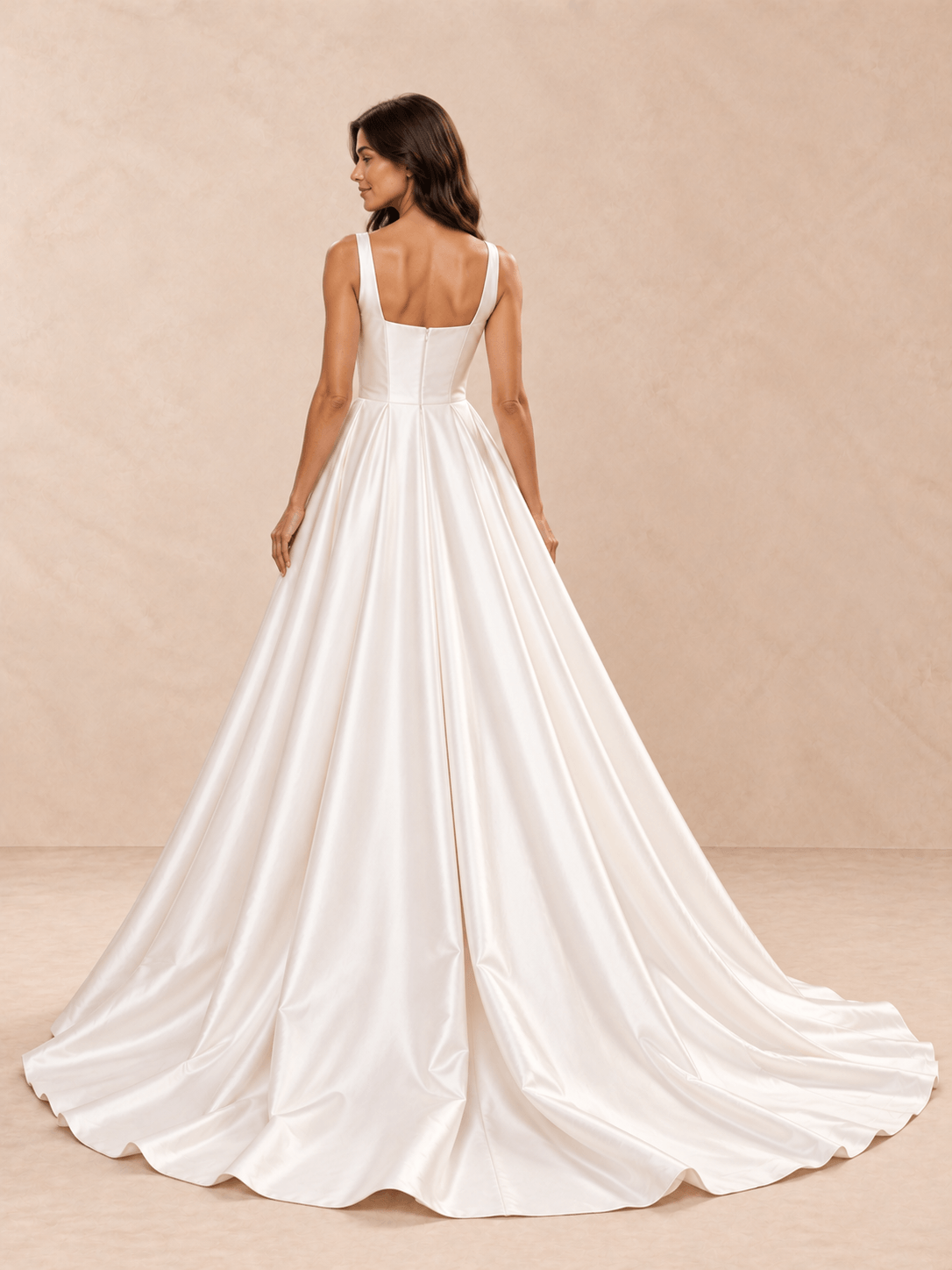 White Square Neck Satin Ball Gown Wedding Dress with Sweep Train