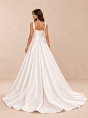 White Square Neck Satin Ball Gown Wedding Dress with Sweep Train