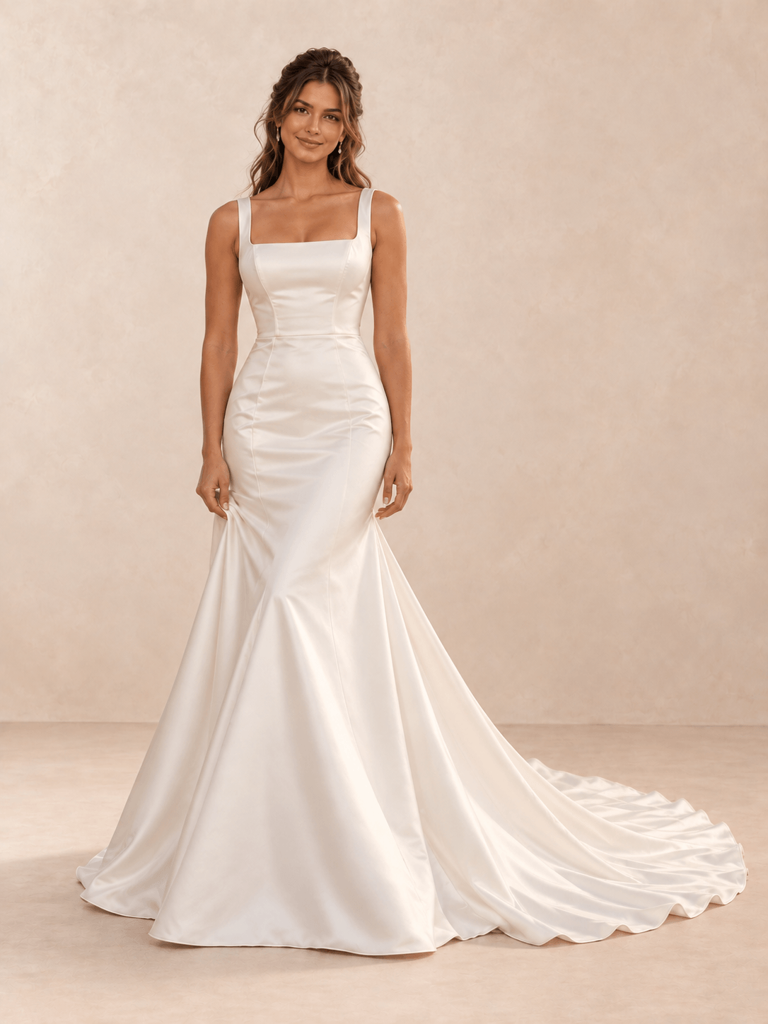 White Square Neck Satin Mermaid Wedding Dress with Sweep Train