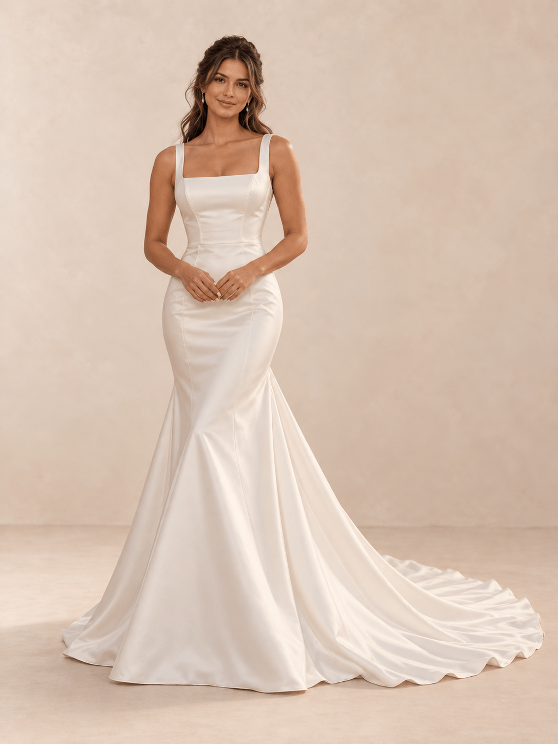 White Square Neck Satin Mermaid Wedding Dress with Sweep Train