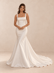 White Square Neck Satin Mermaid Wedding Dress with Sweep Train