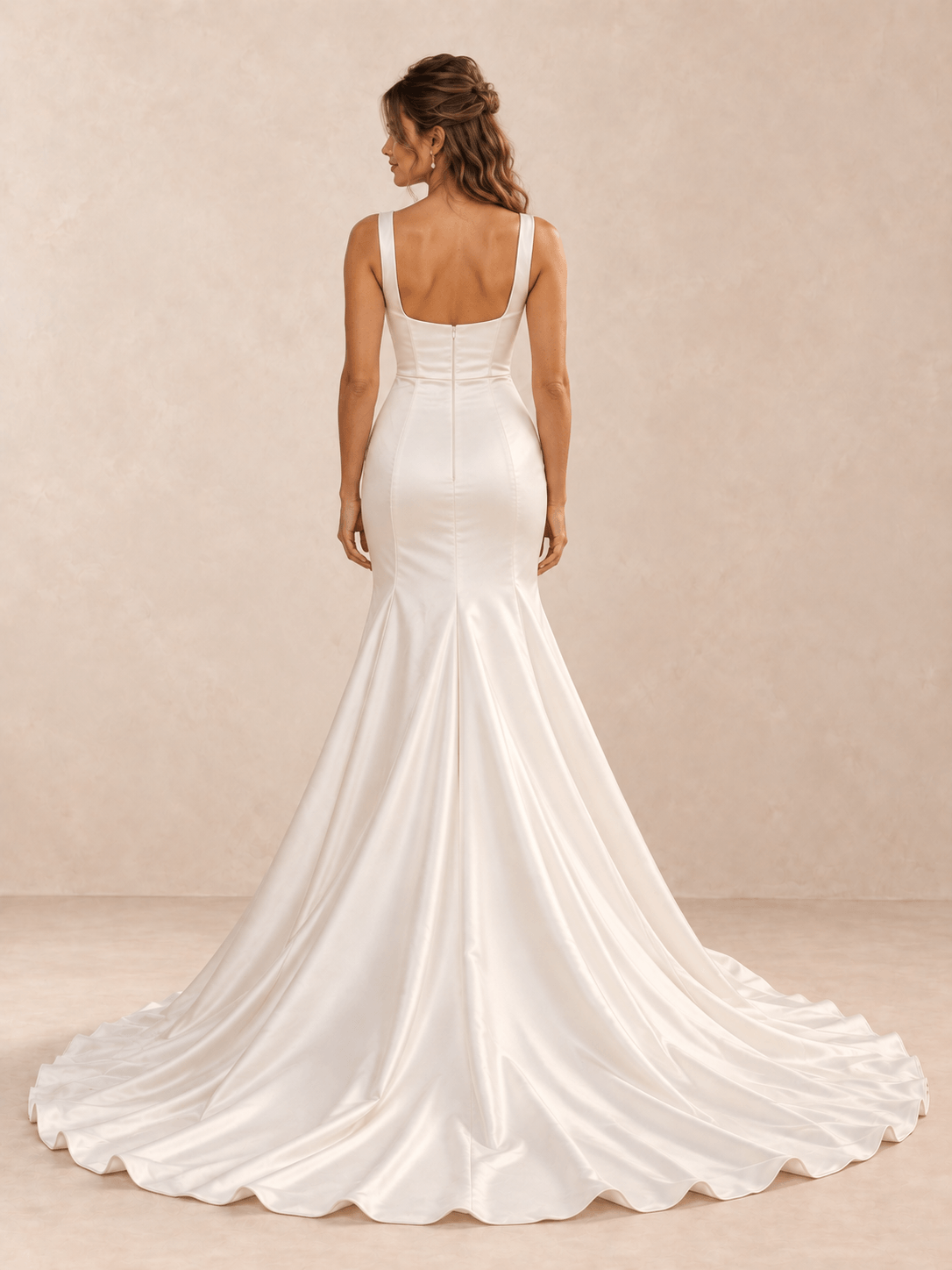 White Square Neck Satin Mermaid Wedding Dress with Sweep Train