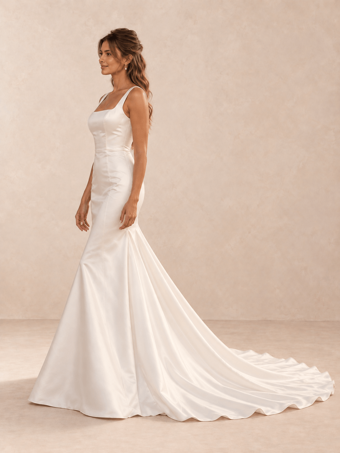 White Square Neck Satin Mermaid Wedding Dress with Sweep Train