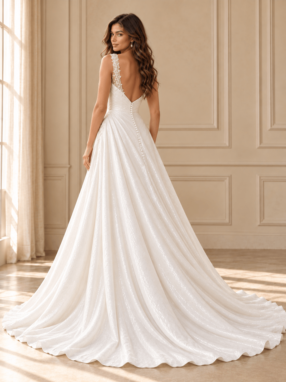 White Square Neckline Sequined A-Line Wedding Dress with Draped Bodice