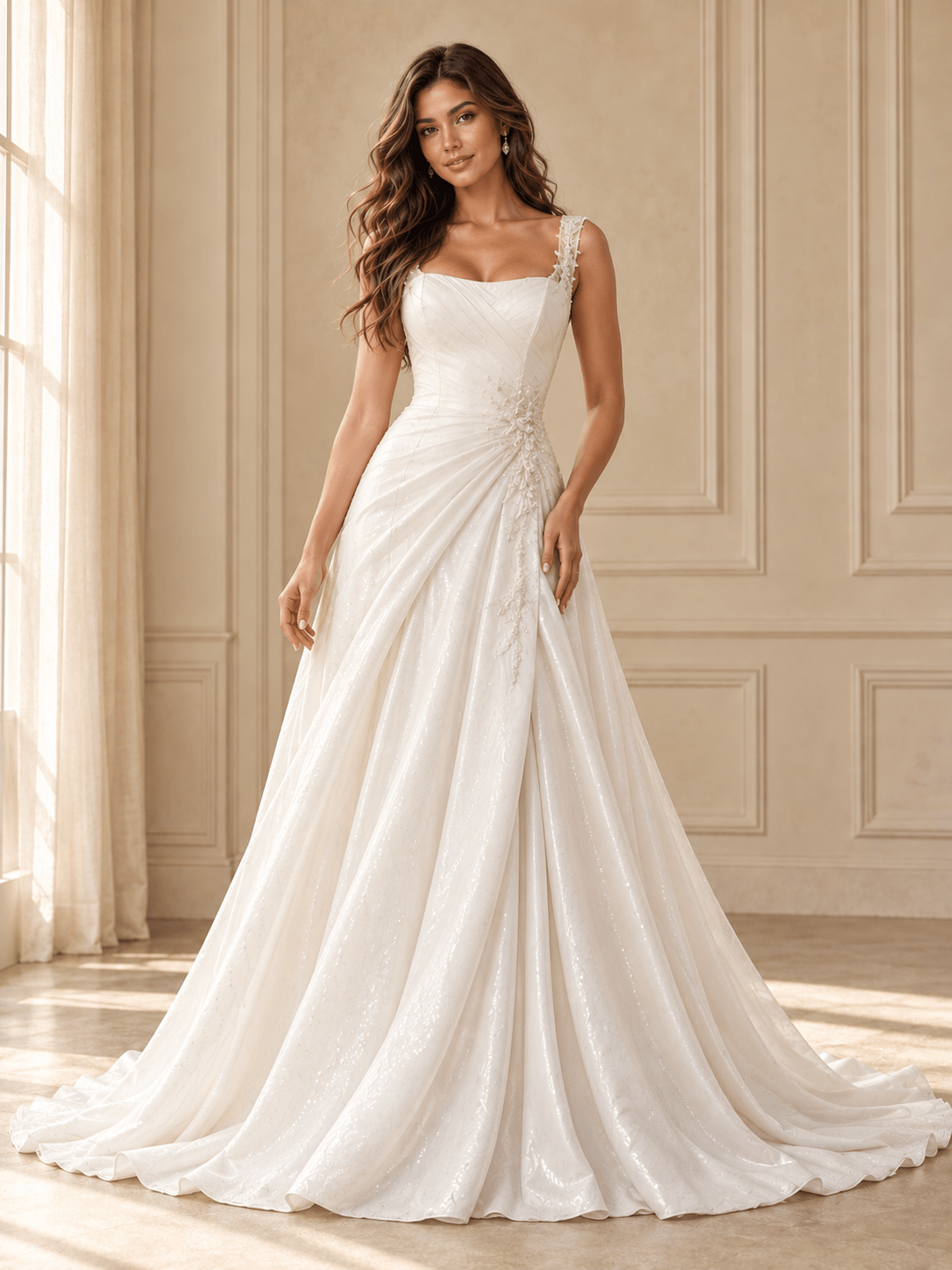 White Square Neckline Sequined A-Line Wedding Dress with Draped Bodice